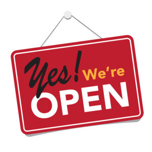 A business sign that says ' yes., We're Open'.Vector eps10